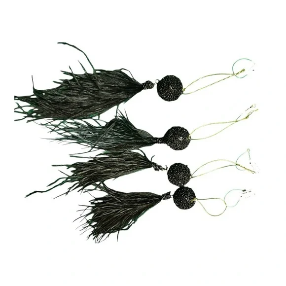 Black beaded ball & feather tassel Christmas ornaments/home decor 4 pieces 7.5” - Picture 6 of 12